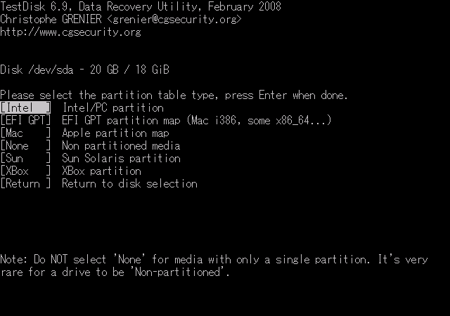 TestDisk - Select the partition table type