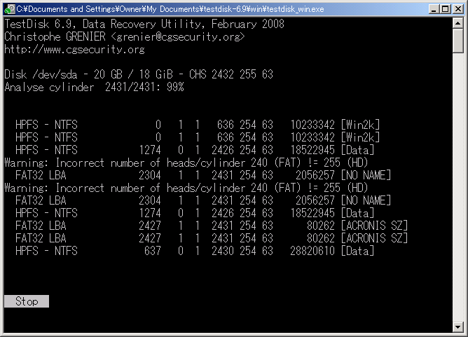 testdisk analyse cylinder read error